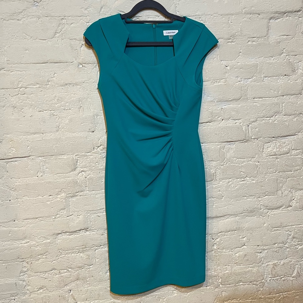 Teal Cap Sleeved Calvin Klein Dress with Rouch